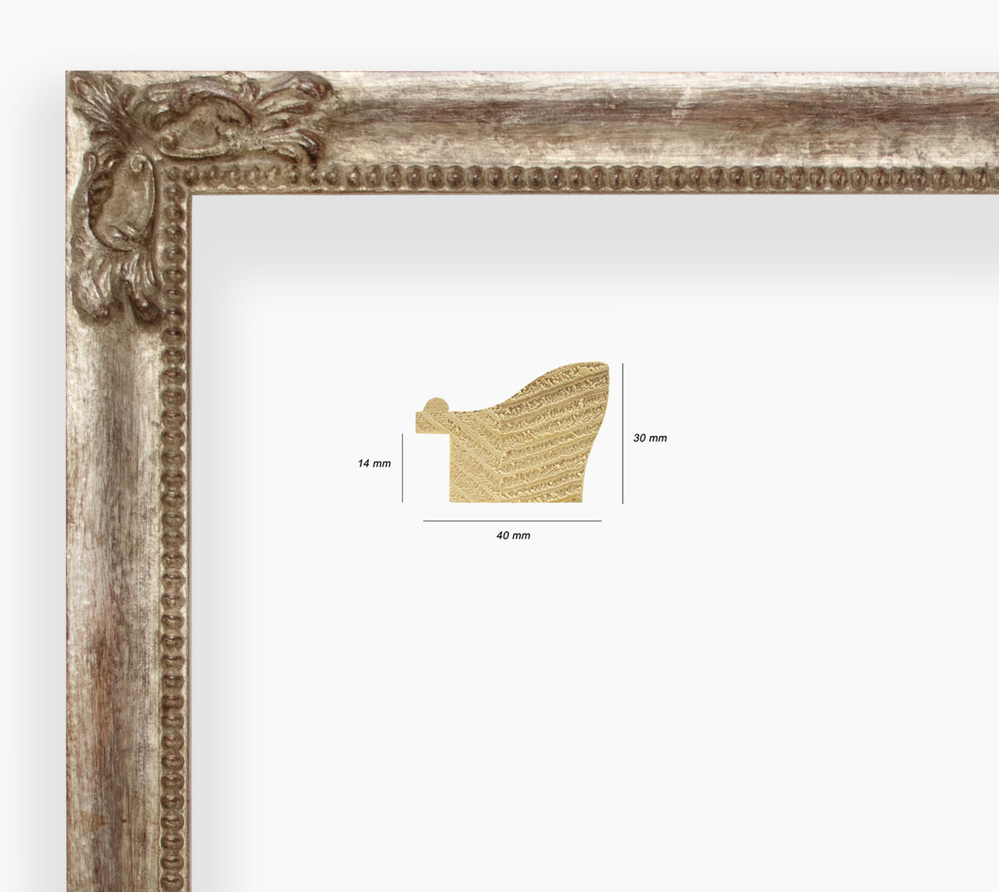 COR.247.231 cadre en bois à la feuille argent antique